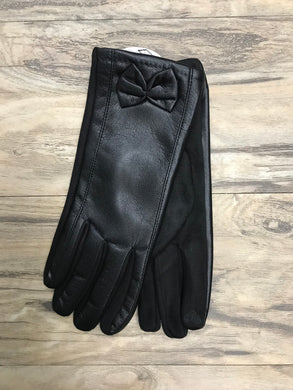 Faux Leather Bow Detail Flock Lined Gloves With Finger Pad