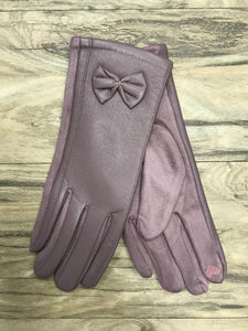 Faux Leather Bow Detail Flock Lined Gloves With Finger Pad