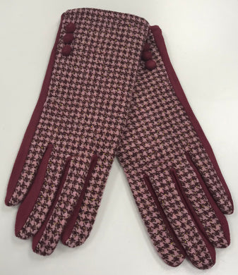 Dog Tooth Check 3 Button Detail Fleece Lined Gloves With Finger Pad