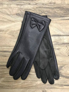 Faux Leather Bow Detail Flock Lined Gloves With Finger Pad