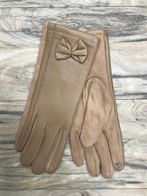 Faux Leather Bow Detail Flock Lined Gloves With Finger Pad