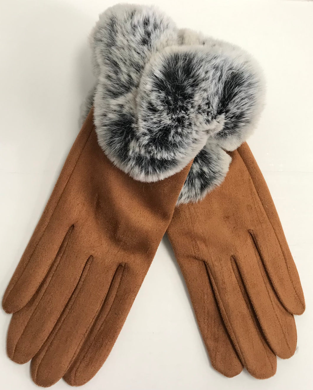 Faux Fur Cuff Fleece Lined Gloves With Finger Pad