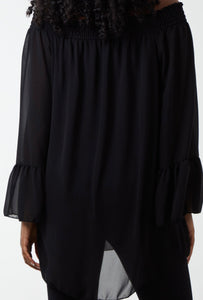 Bardot Flounce Cuff Dip Hem Lined Blouse